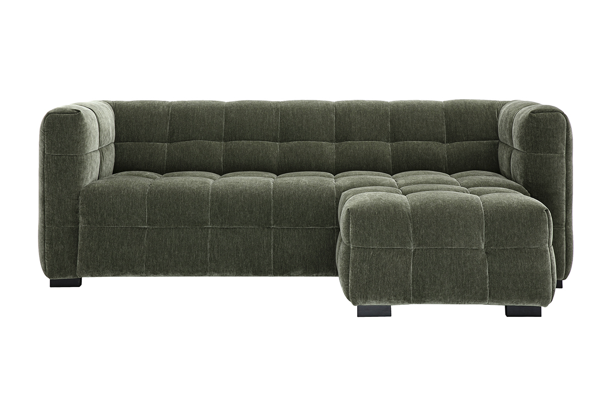 Canap design 3 places et repose-pieds en tissu effet velours vert kaki CORTO