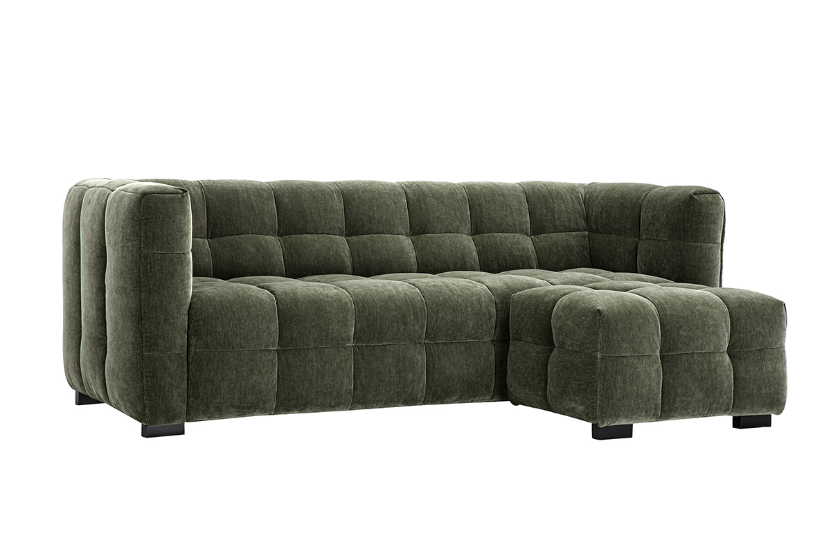 Canap design 3 places et repose-pieds en tissu effet velours vert kaki CORTO