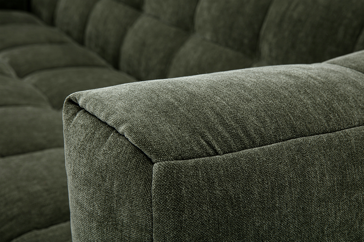 Canap design 3 places et repose-pieds en tissu effet velours vert kaki CORTO