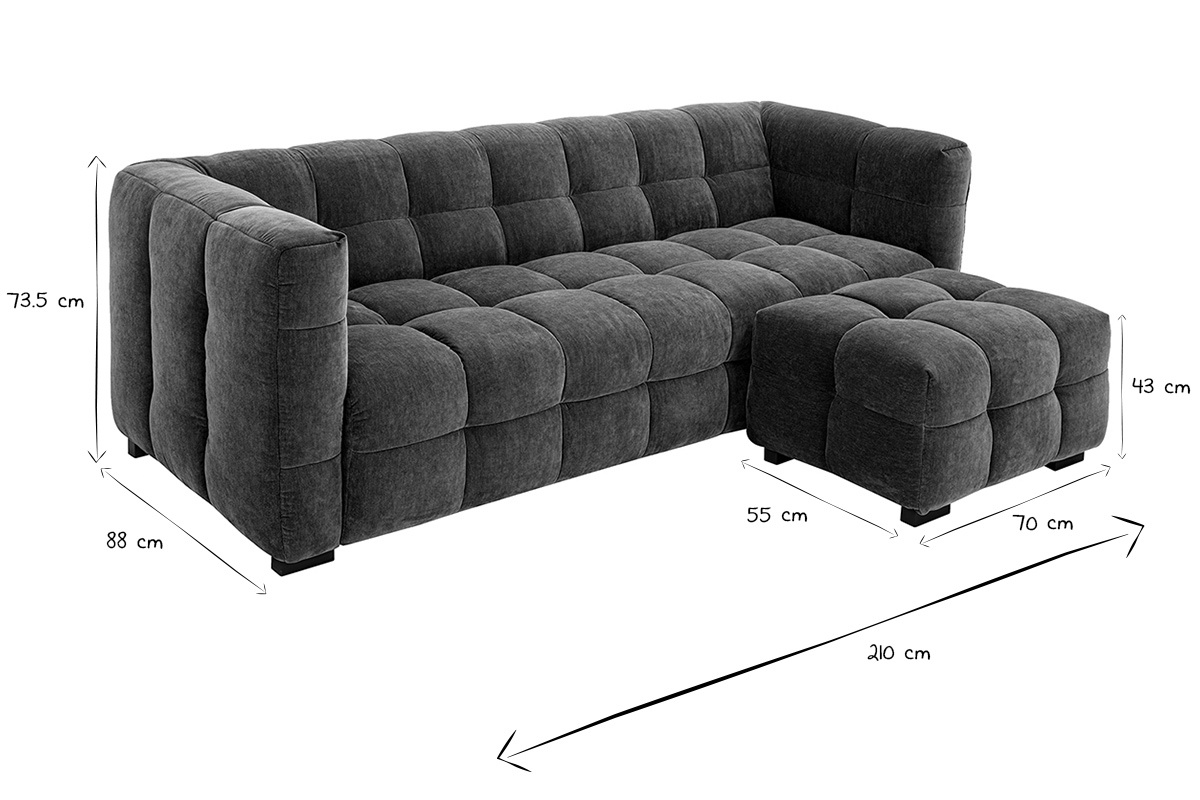 Canap design 3 places et repose-pieds en tissu effet velours vert kaki CORTO