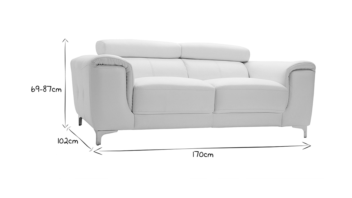 Canapé design avec têtières ajustables 2 places cuir blanc cassé et acier chromé NEVADA