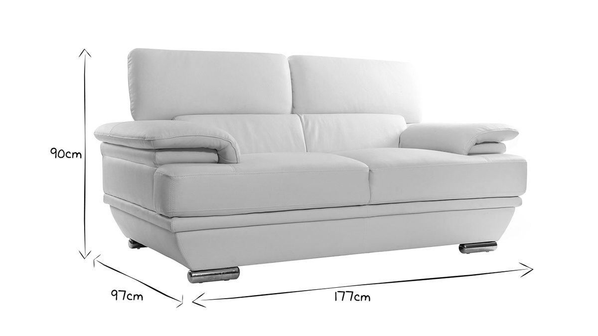 Canapé design avec têtières ajustables 2 places cuir blanc et acier chromé EWING