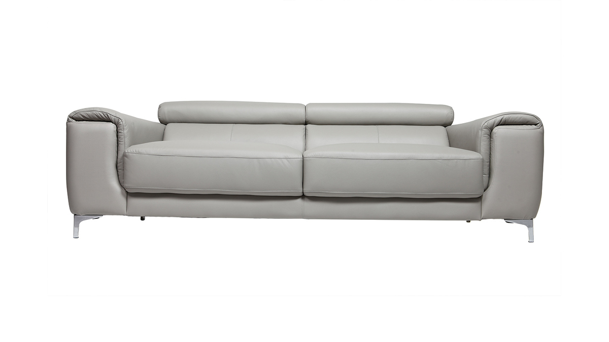 Canapé design avec têtières ajustables 3 places cuir gris et acier chromé NEVADA