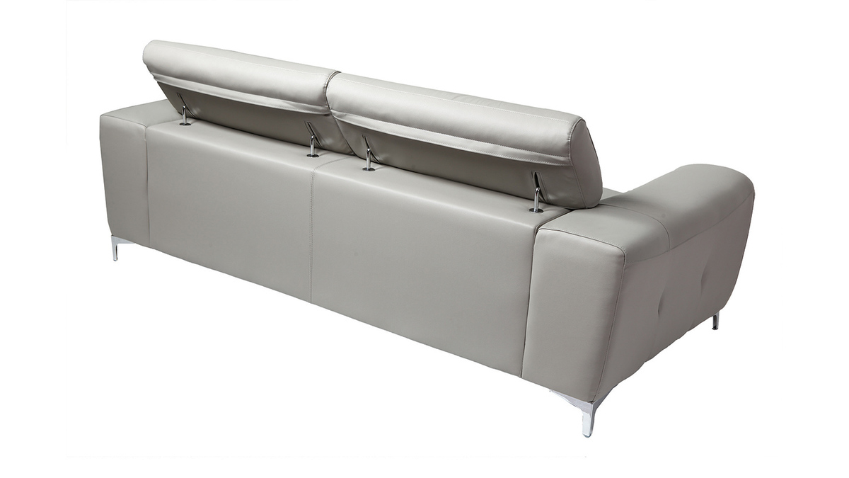 Canapé design avec têtières ajustables 3 places cuir gris et acier chromé NEVADA