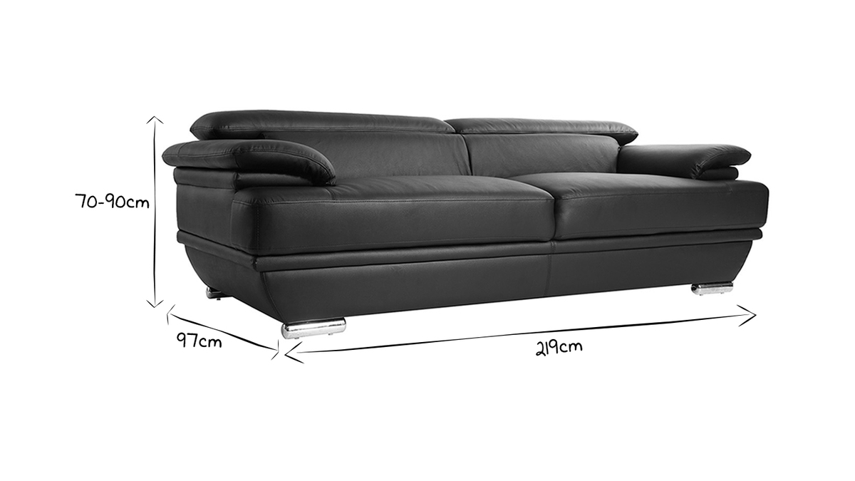 Canapé design avec têtières ajustables 3 places cuir noir et acier chromé EWING