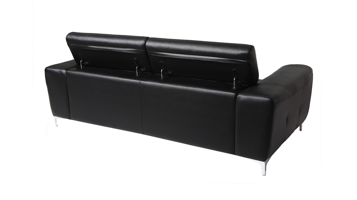 Canapé design avec têtières ajustables 3 places en cuir noir et acier chromé NEVADA