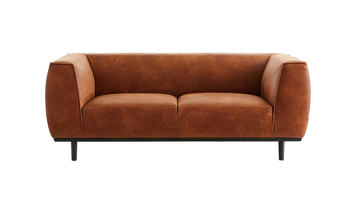 Canapé design en cuir aspect vieilli marron cognac 2-3 places MORRIS