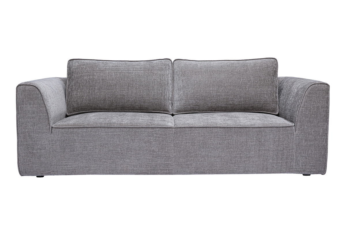 Canap� design 3 places en tissu effet velours textur� gris, vue de face.