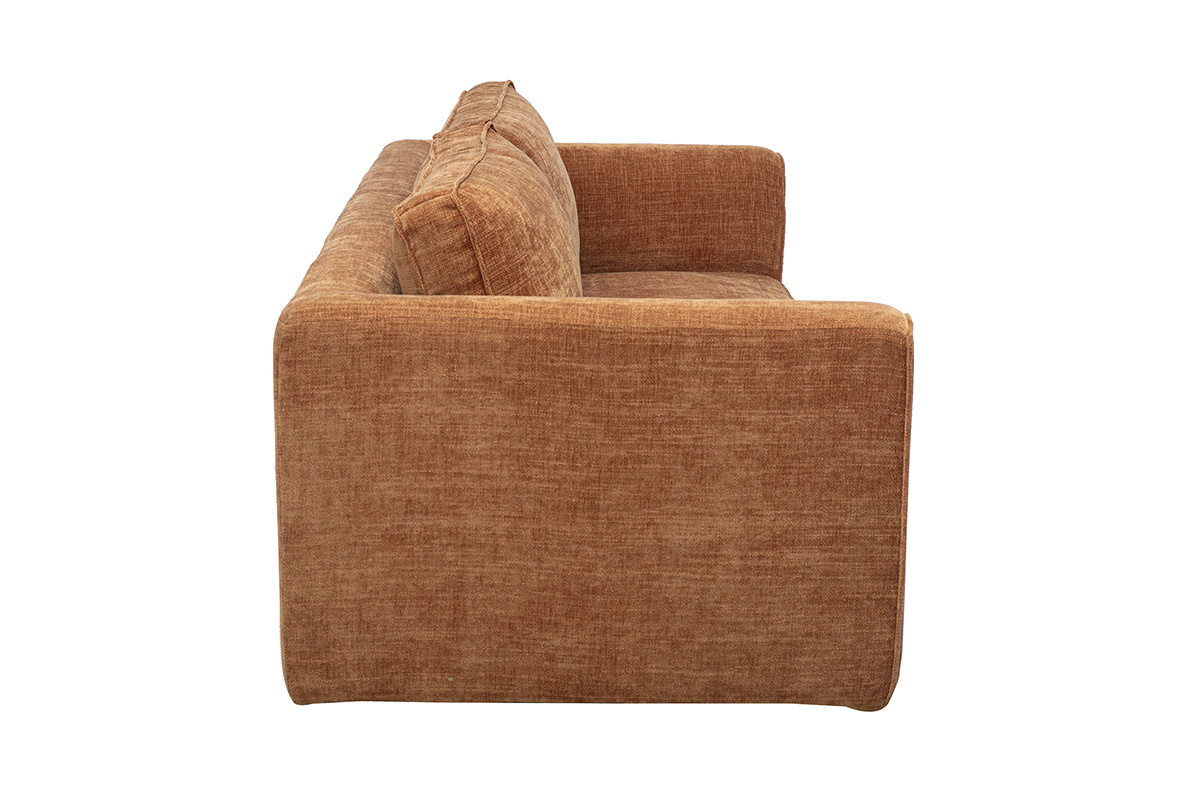 Canap� design 3 places en tissu effet velours textur� couleur terre br�l�e, vue de profil.