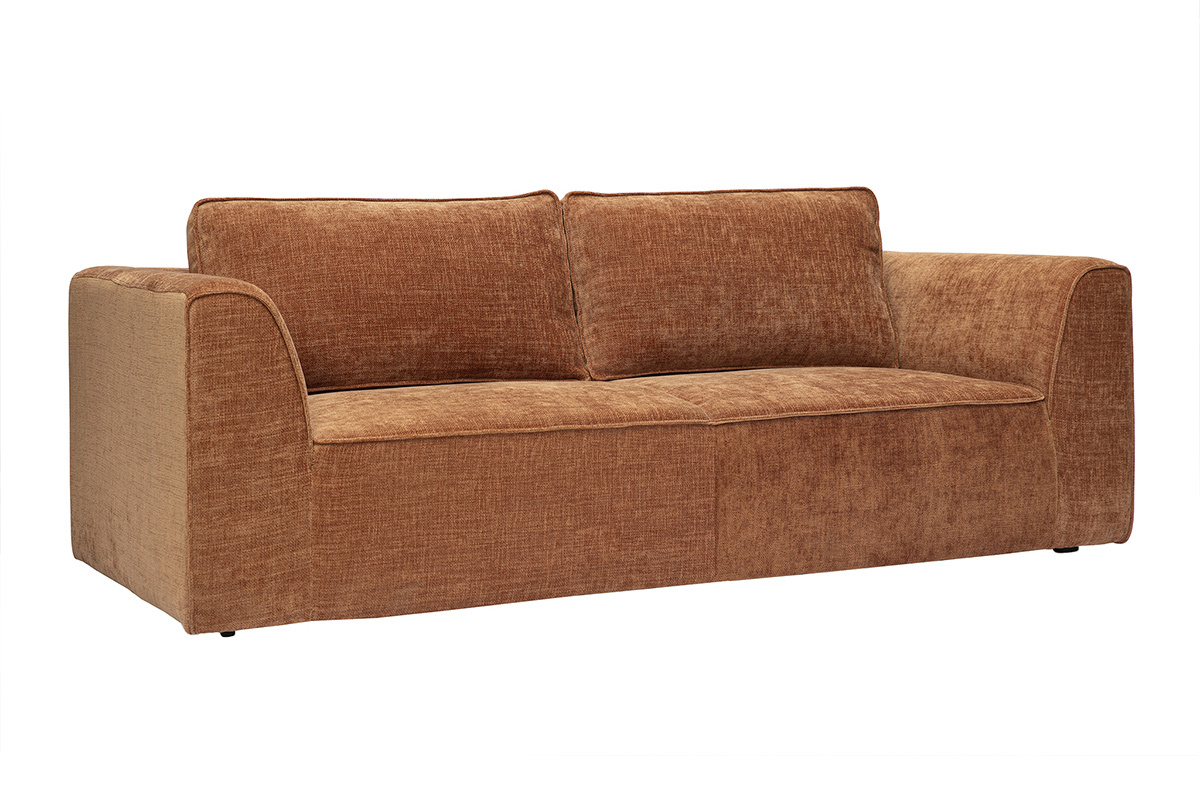 Canap� design 3 places en tissu effet velours textur� couleur terre br�l�e, angle 3/4
