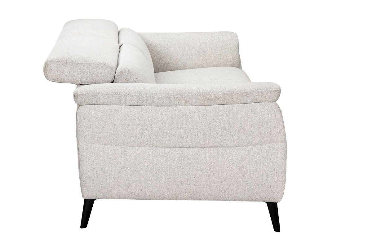 Canap� �lectrique 3 places beige, t�ti�res ajustables, vue de profil sur fond blanc.
