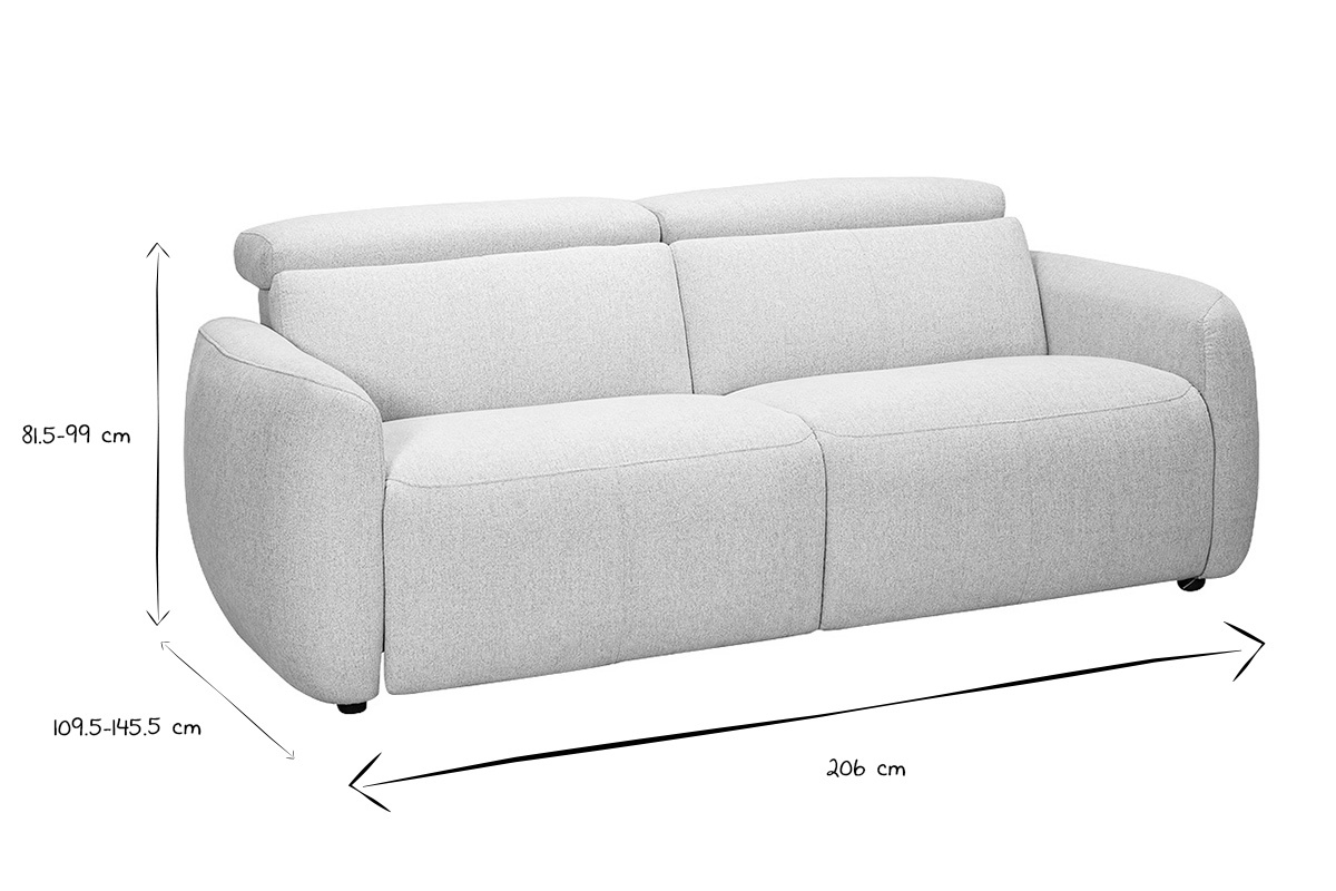 Dimensions du canap� �lectrique 3 places MORZINE en noir et blanc, L206 x P109,5-145,5 x H81,5-99 cm.