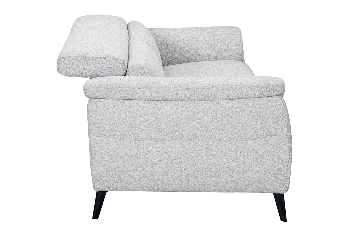 Canap� �lectrique 3 places gris clair avec t�ti�res ajustables, vue de c�t�.