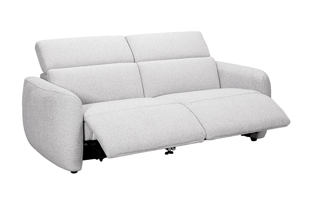 Canap� �lectrique 3 places gris clair avec t�ti�res ajustables et repose-pieds d�ploy�s