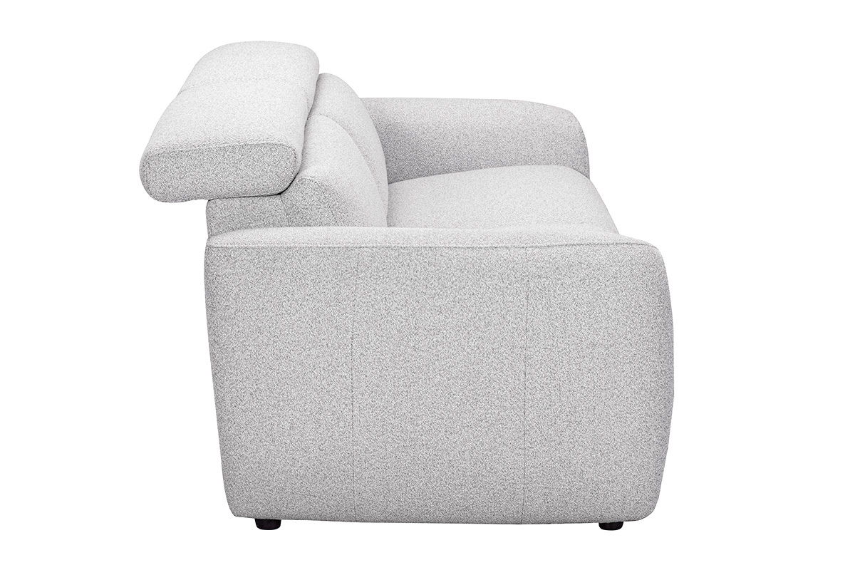 Canap� �lectrique 3 places gris clair vue de profil, avec t�ti�res ajustables et repose-pieds.