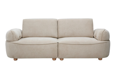 Canap&eacute; &eacute;lectrique 3 places dossier avance-recule en tissu chenille beige et bois clair OTIS