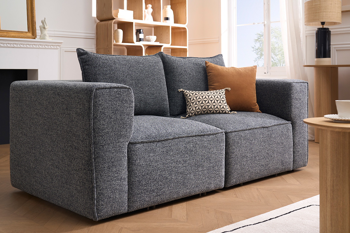 Canap modulable 2 places en tissu chin gris fonc KERRY