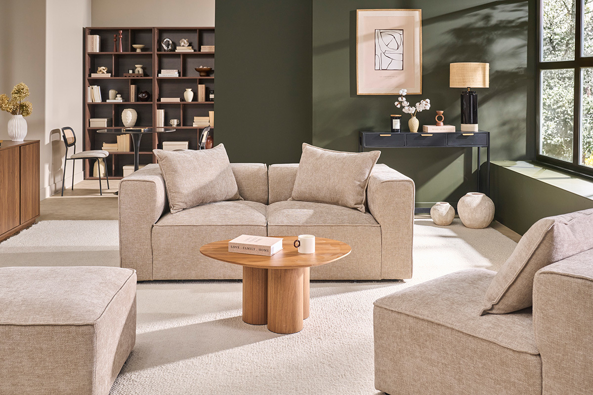 Canap� modulable 2 places en tissu effet velours textur� beige KERRY
