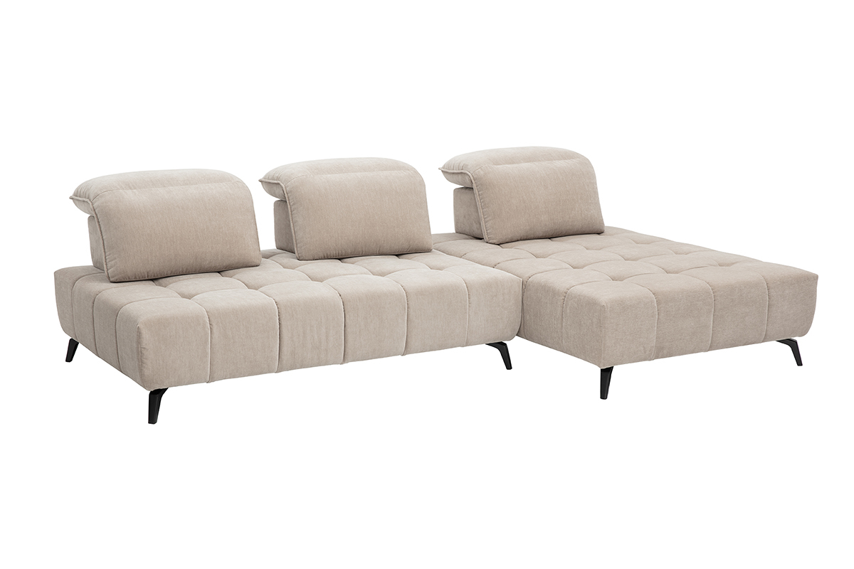 Canap� modulable 4 places en tissu taupe avec t�ti�res ajustables, vue de 3/4, pieds en m�tal noir.