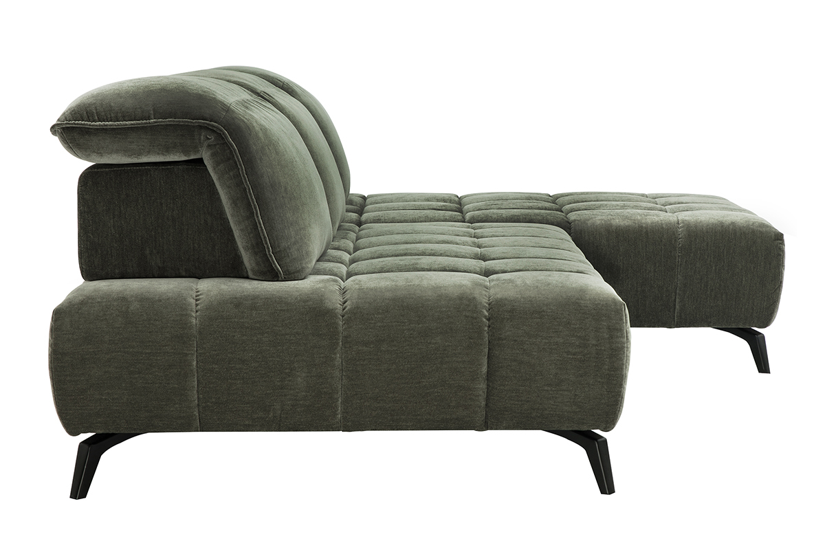 Canap� modulable vert kaki 4 places avec t�ti�res ajustables, vue de profil.