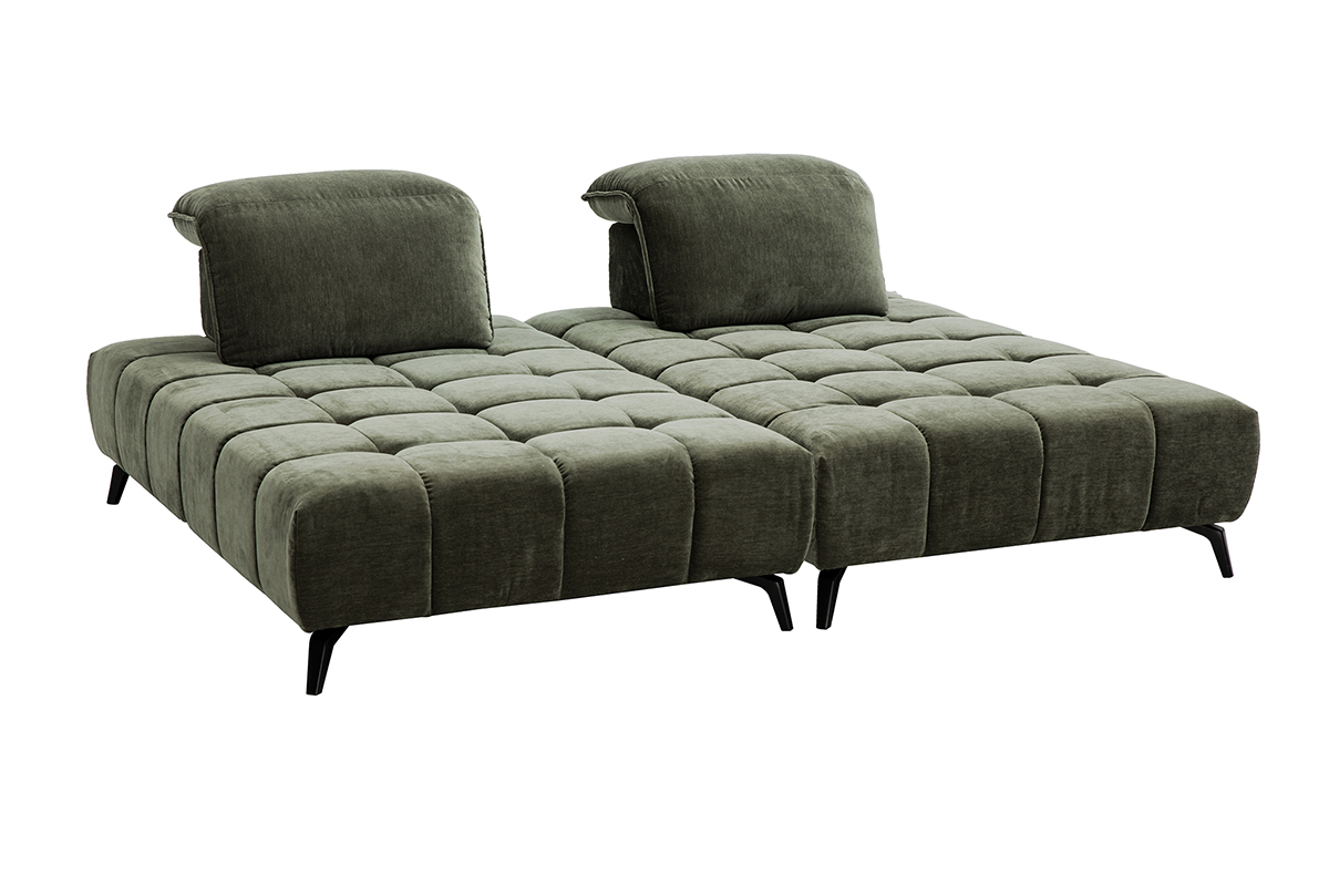 Canap� modulable 4 places vert kaki avec t�ti�res ajustables, vue de 3/4.