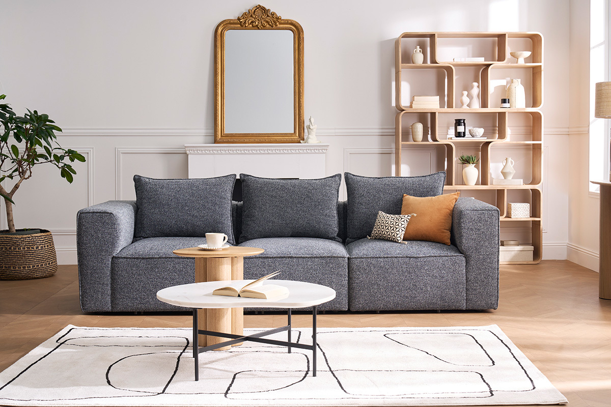 Canap modulable 4 places en tissu chin gris fonc KERRY