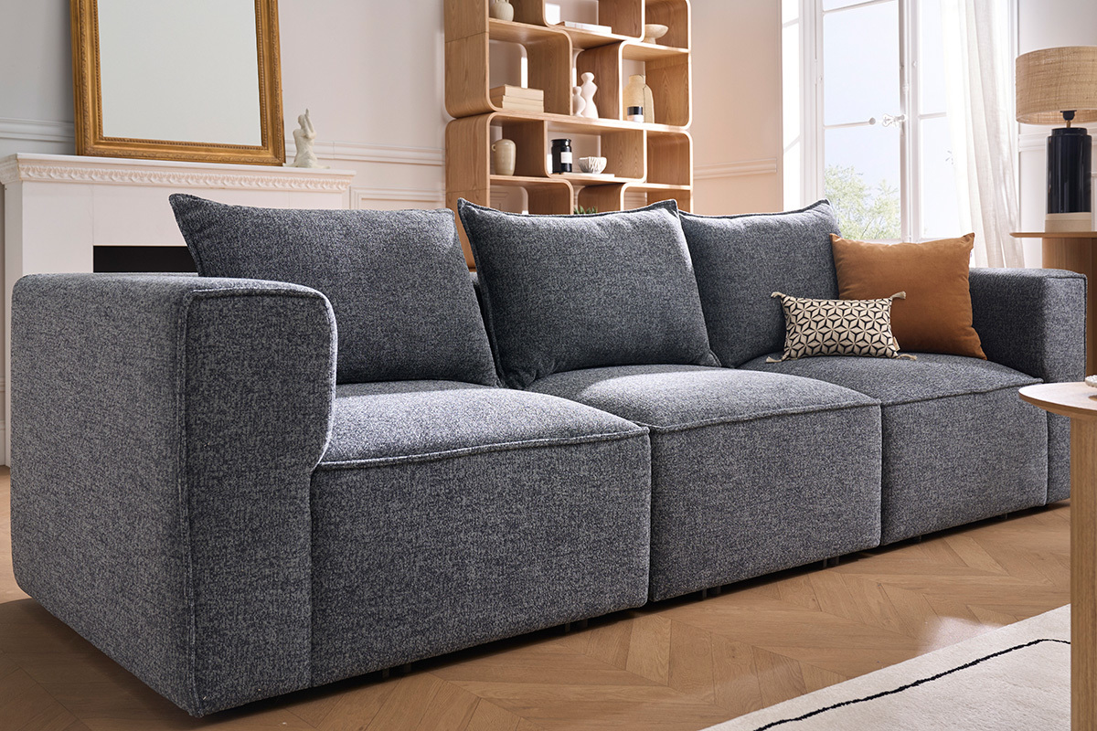 Canap modulable 4 places en tissu chin gris fonc KERRY
