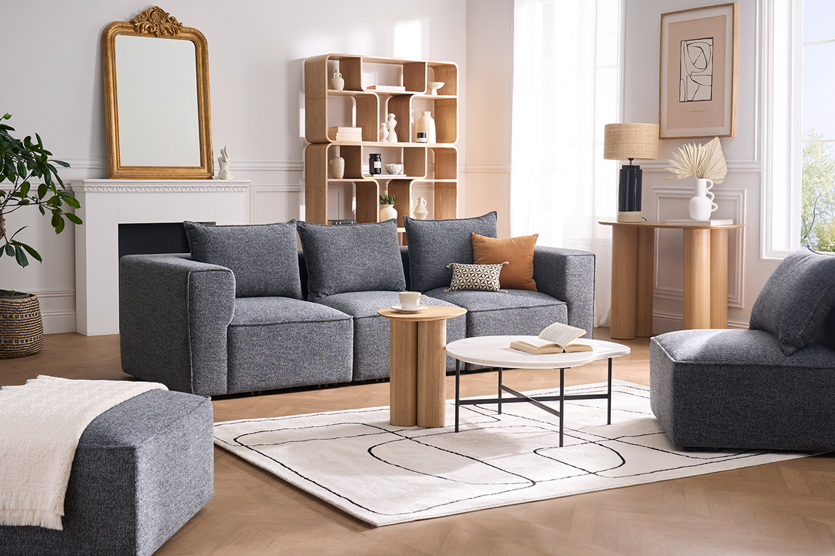 Canap modulable 4 places en tissu chin gris fonc KERRY