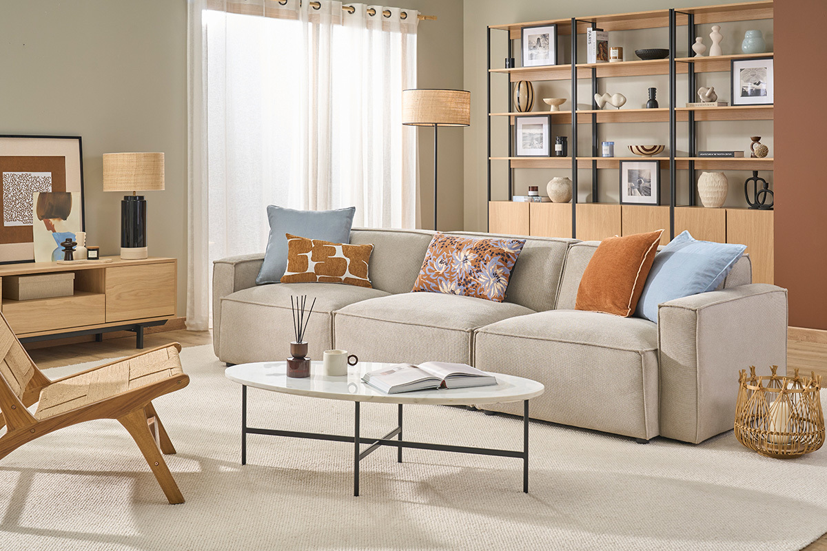 Canap� modulable 4 places en tissu effet velours textur� beige SPLIT