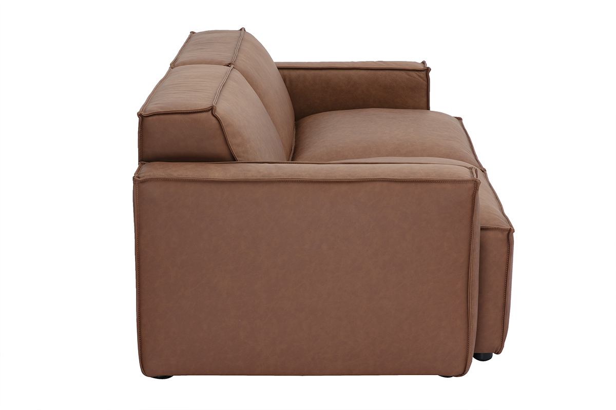 Canap modulable vintage 2 places en cuir marron, vue de profil.