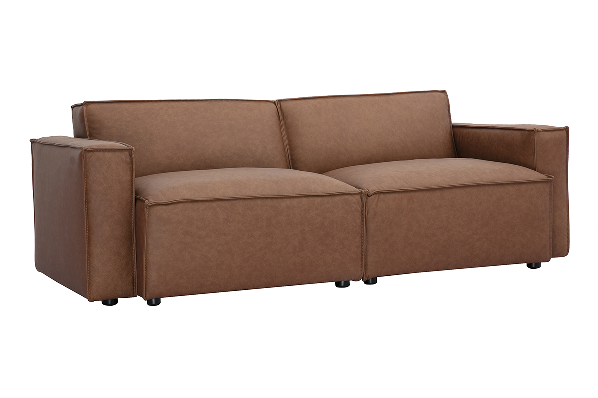 Canap modulable 2 places en cuir marron, style vintage SPLIT. Vue de 3/4.