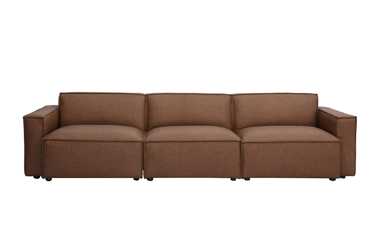 Canap modulable 4 places en cuir marron vintage SPLIT, lgant et robuste.