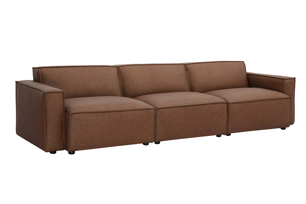 Canap modulable 4 places en cuir marron SPLIT, vue de 3/4