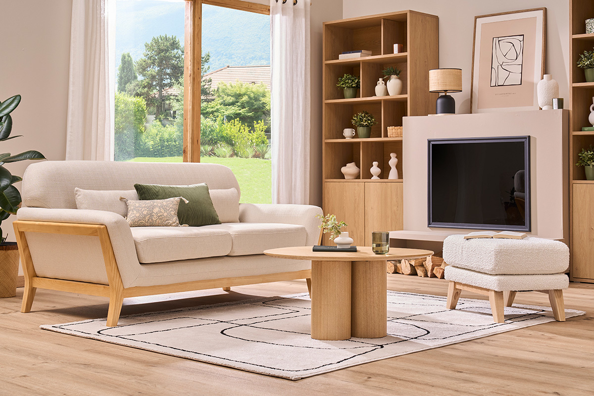 Canap scandinave 2 places en tissu beige et bois clair YOKO