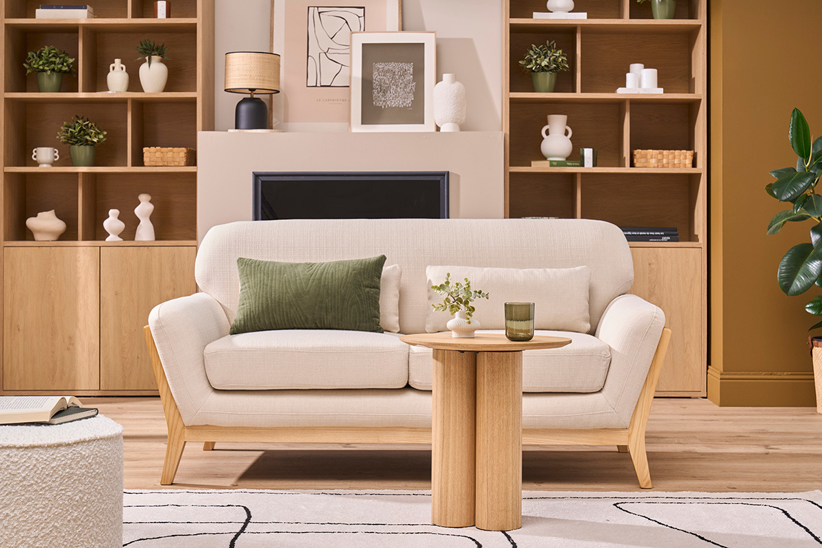 Canap scandinave 2 places en tissu beige et bois clair YOKO