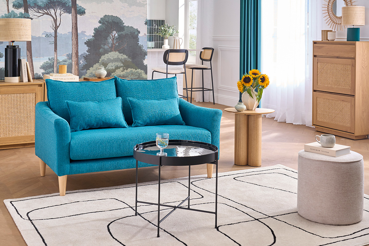 Canap� scandinave 2 places en tissu bleu canard et bois clair KATE