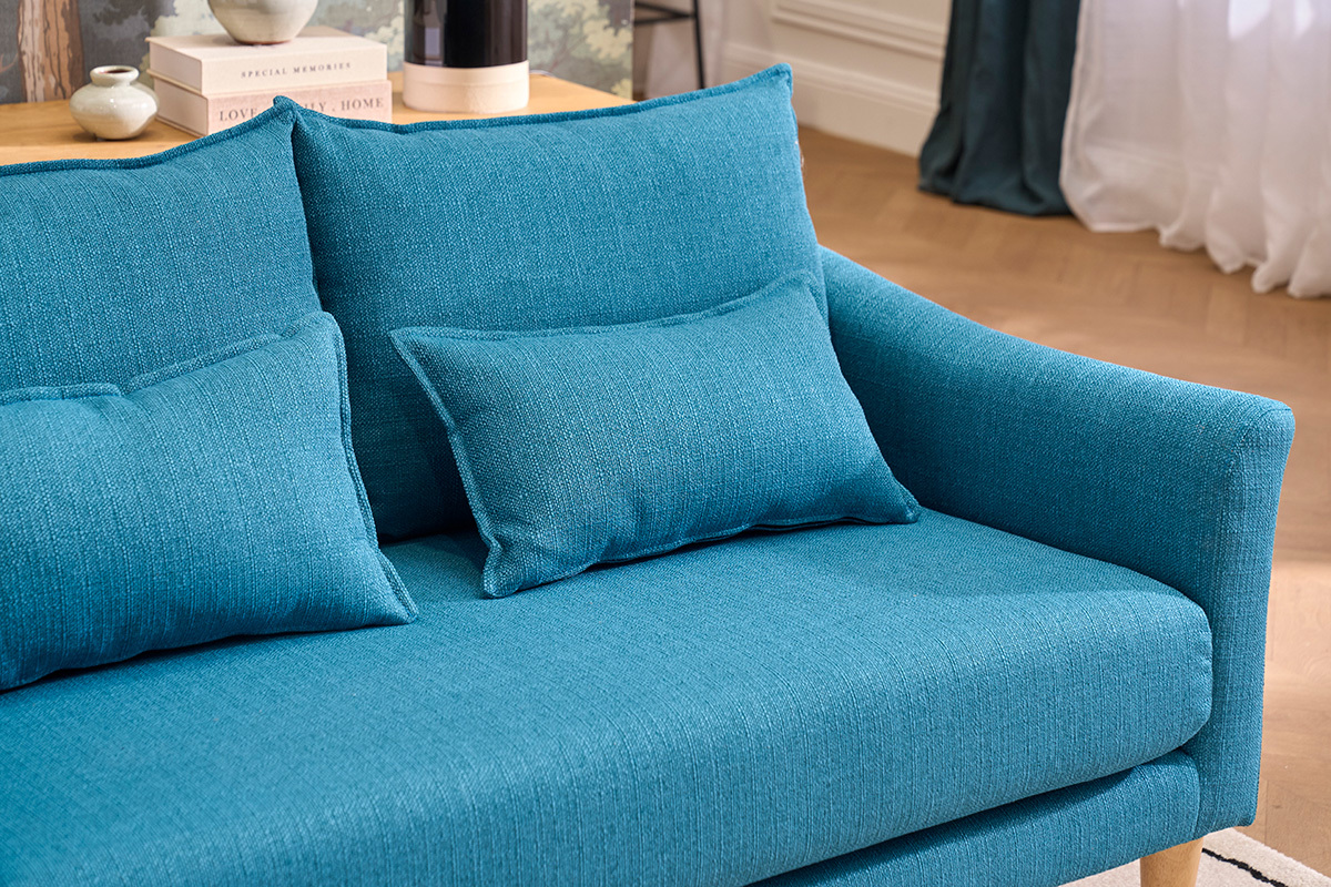 Canap� scandinave 2 places en tissu bleu canard et bois clair KATE