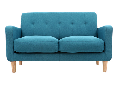 Canapé scandinave 2 places en tissu bleu canard et bois clair LUNA