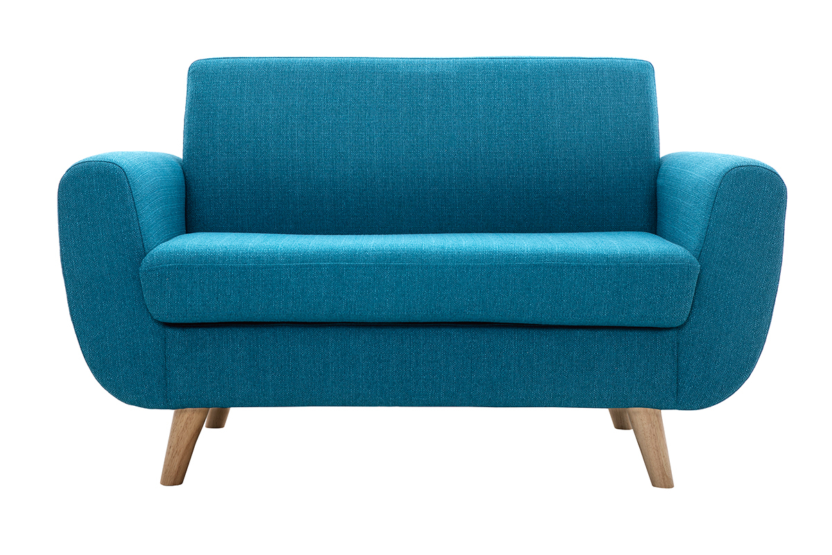 Canap scandinave 2 places en tissu bleu canard et bois clair PURE