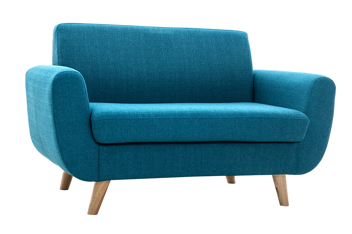 Canap scandinave 2 places en tissu bleu canard et bois clair PURE