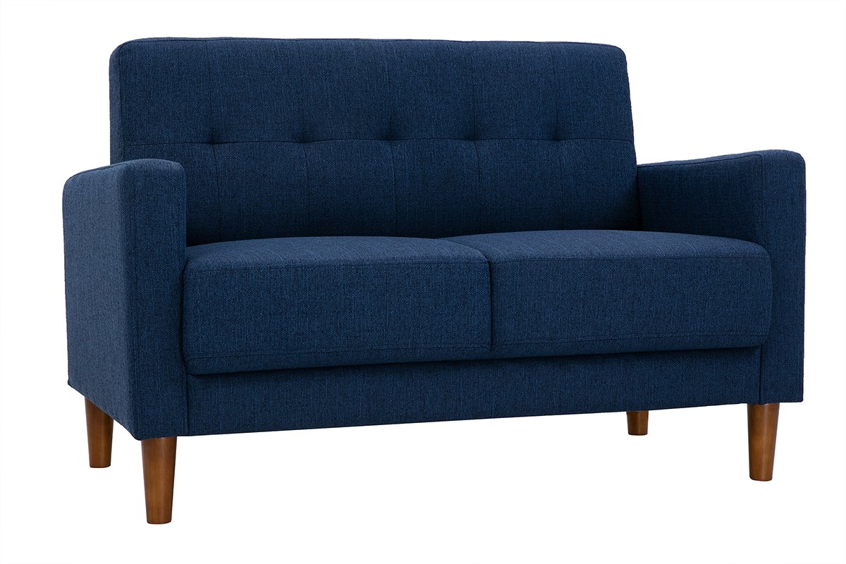 Canap� scandinave 2 places en tissu bleu fonc� et bois fonc� MOON