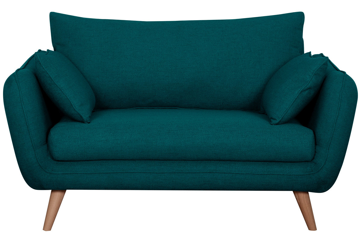 Canap� scandinave 2 places en tissu bleu paon et bois clair CREEP