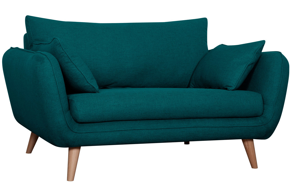 Canap� scandinave 2 places en tissu bleu paon et bois clair CREEP