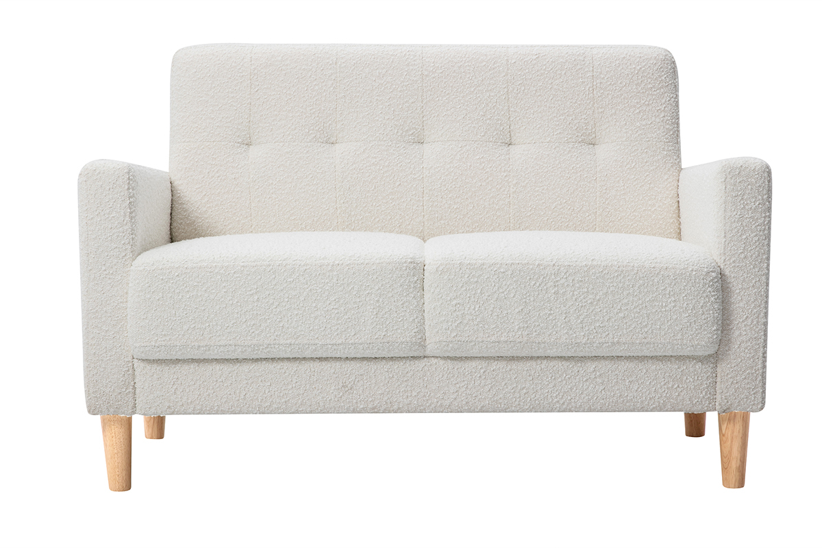 Canap scandinave 2 places en tissu effet laine boucle blanc et bois clair MOON