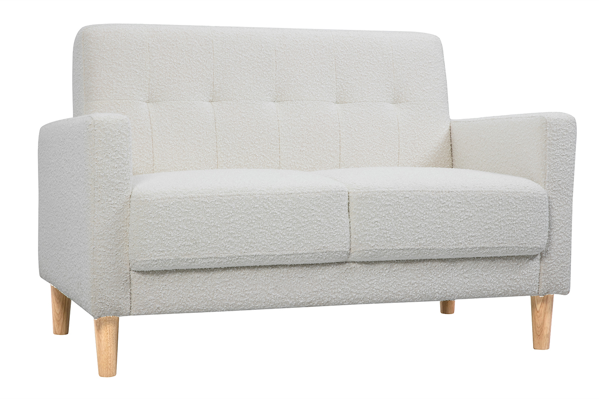 Canap scandinave 2 places en tissu effet laine boucle blanc et bois clair MOON