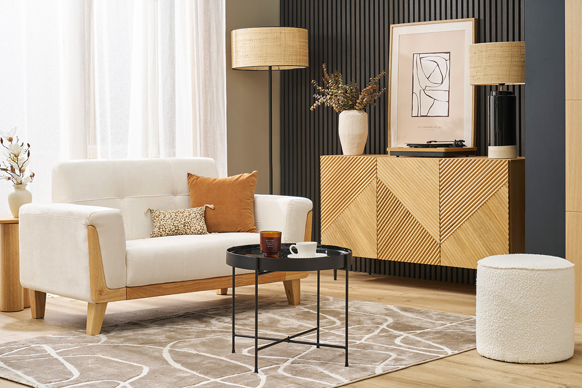 Canap scandinave 2 places en tissu effet velours blanc cass et bois clair FJORD