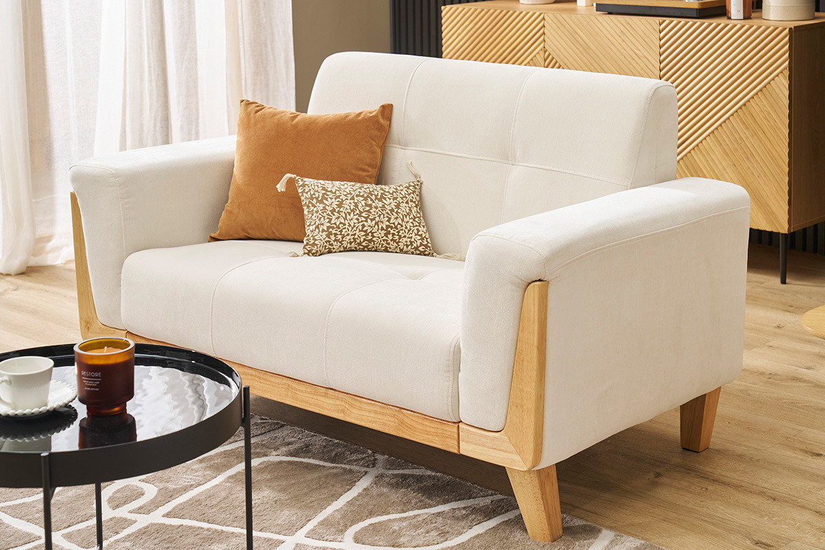 Canap scandinave 2 places en tissu effet velours blanc cass et bois clair FJORD