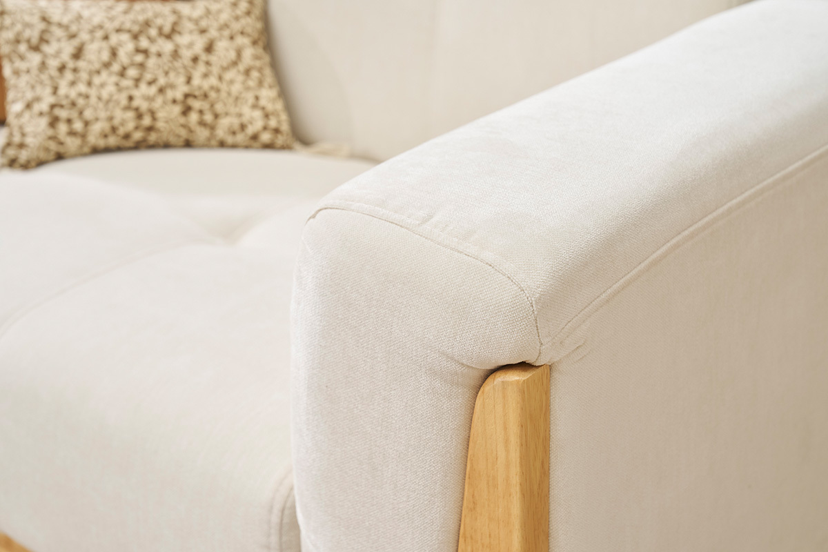 Canap scandinave 2 places en tissu effet velours blanc cass et bois clair FJORD