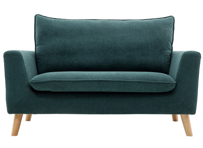 Canapé scandinave 2 places en tissu effet velours bleu canard et bois clair JONAS