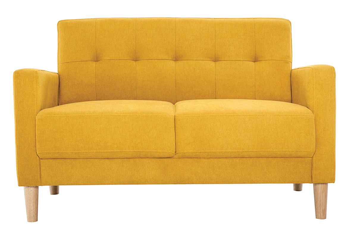 Canap scandinave 2 places en tissu effet velours jaune moutarde et bois clair MOON